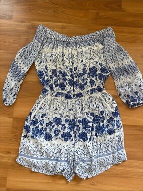 Anthropologie Blue and White Floral Off-Shoulder Romper